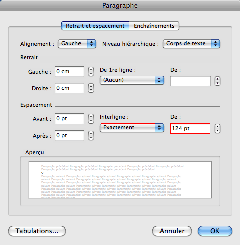 word interligne exact