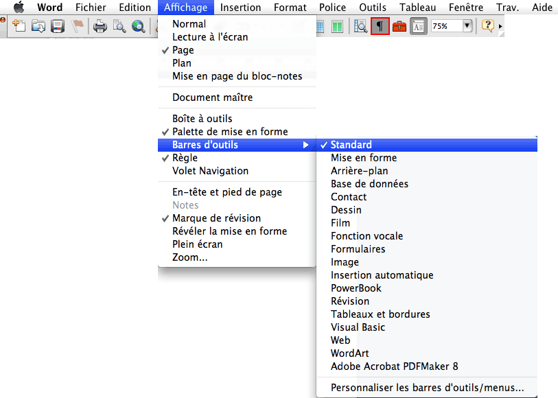 word outils standard
